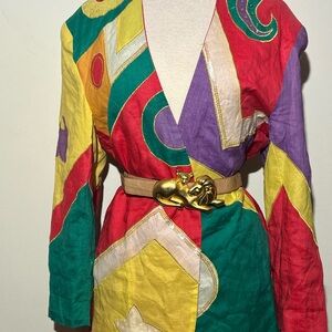 Colorful Patchwork Blazer with Gold Belt